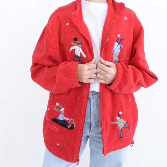 Northern Reflections Red Embroidered Skaters Winter Fleece Zip Up Sweater Xl - Picture 2 of 12